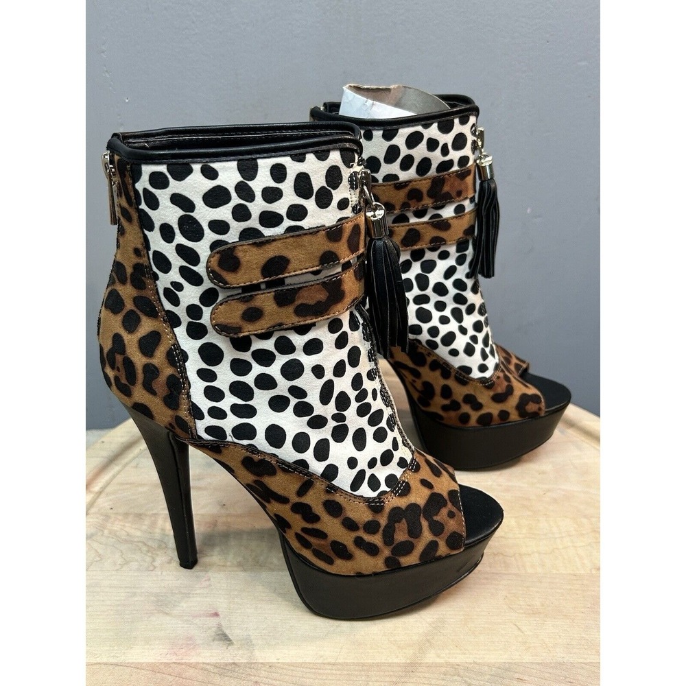 JustFab Kerrill Platform Bootie Womens 7.5 Leopard Polka Dot Peep Toe Tassel